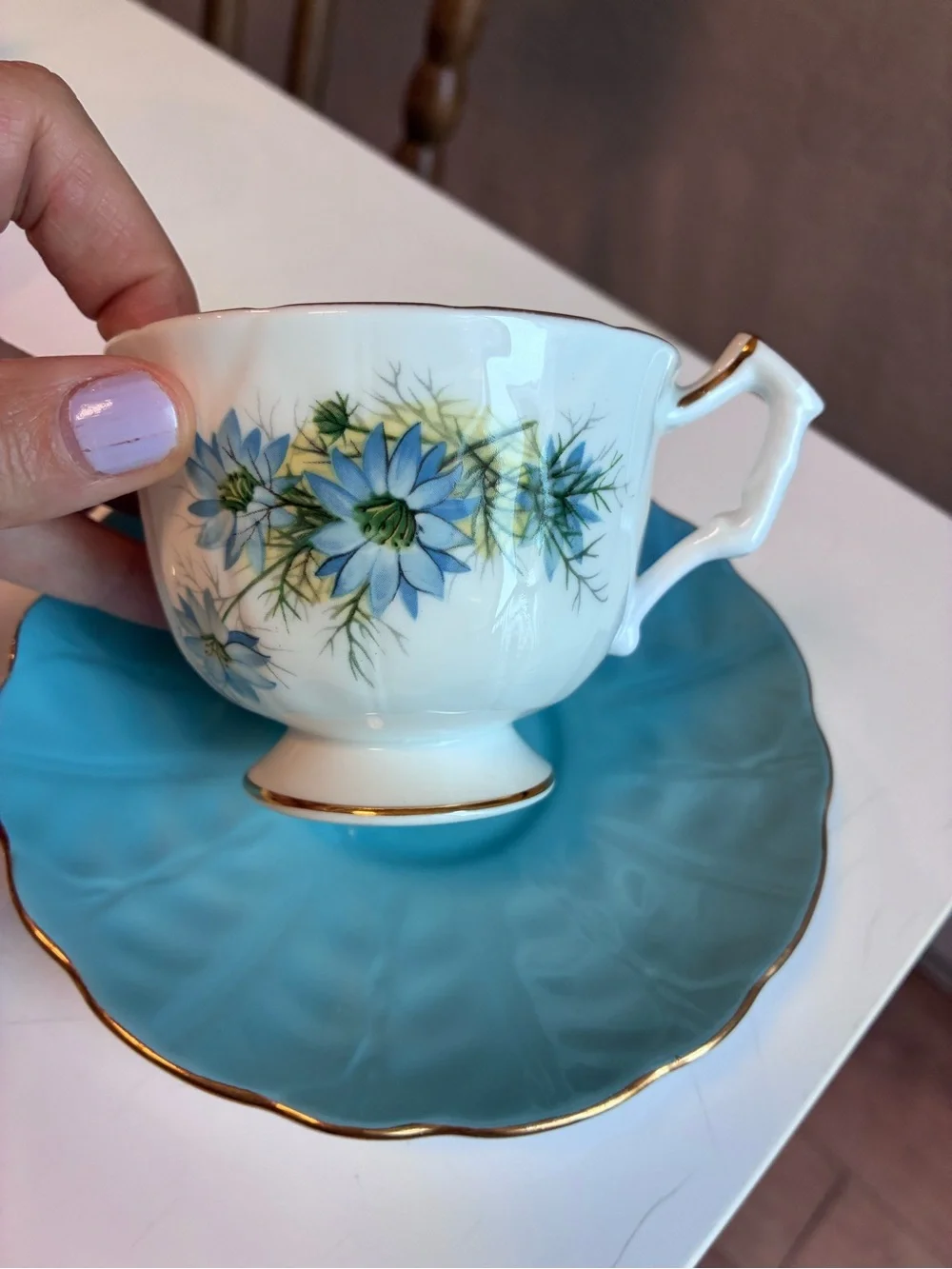 Aynsley Blue Floral Gold-Trim Porcelain Teacup and Saucer